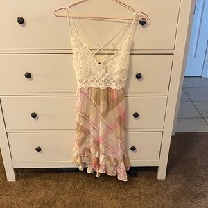 Free People Cream Lace & Pink Plaid Ruffle Slip Dress